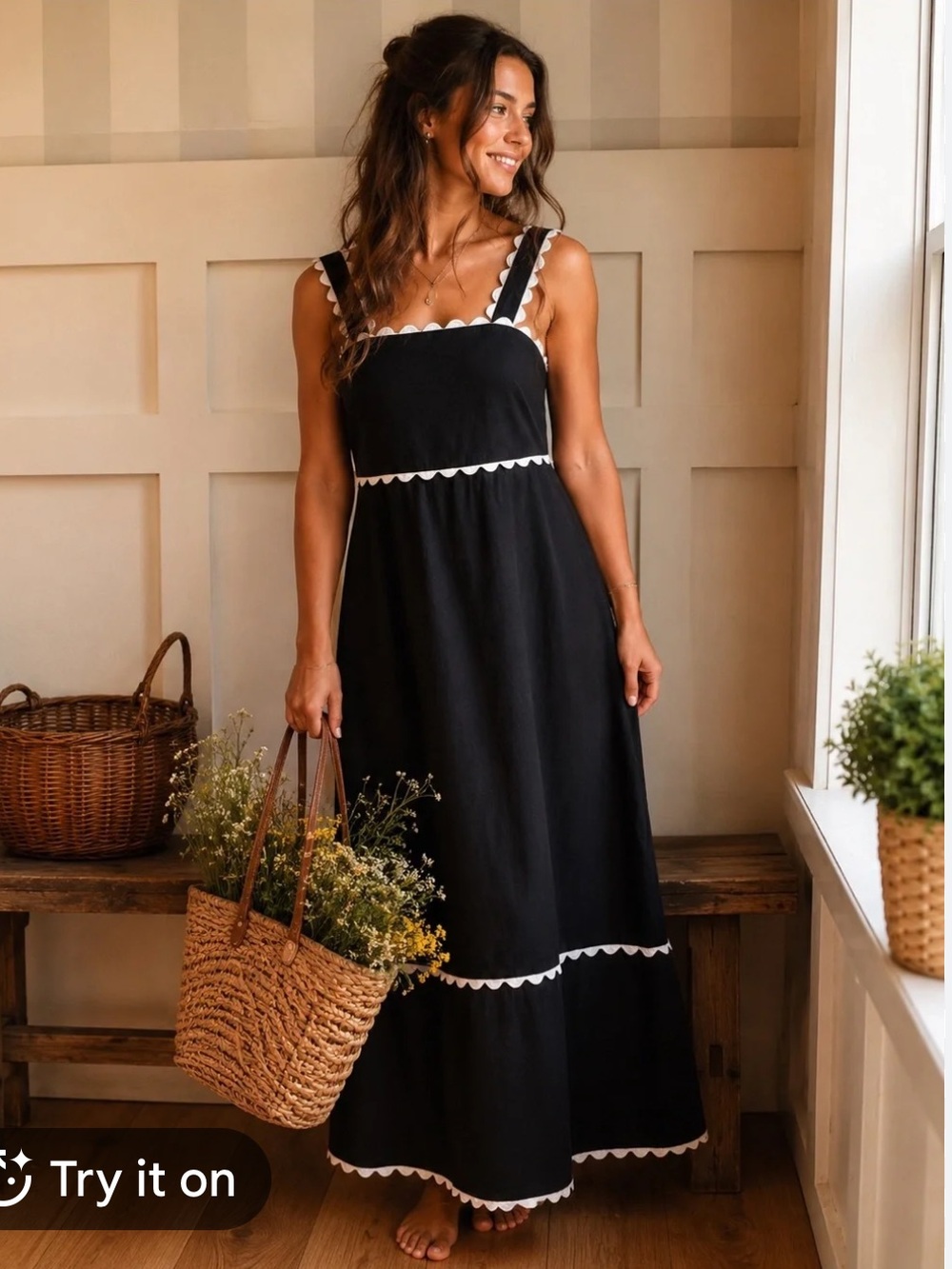 Cynthia Rowley Black Maxi Dress with white Scallop Trim Size S